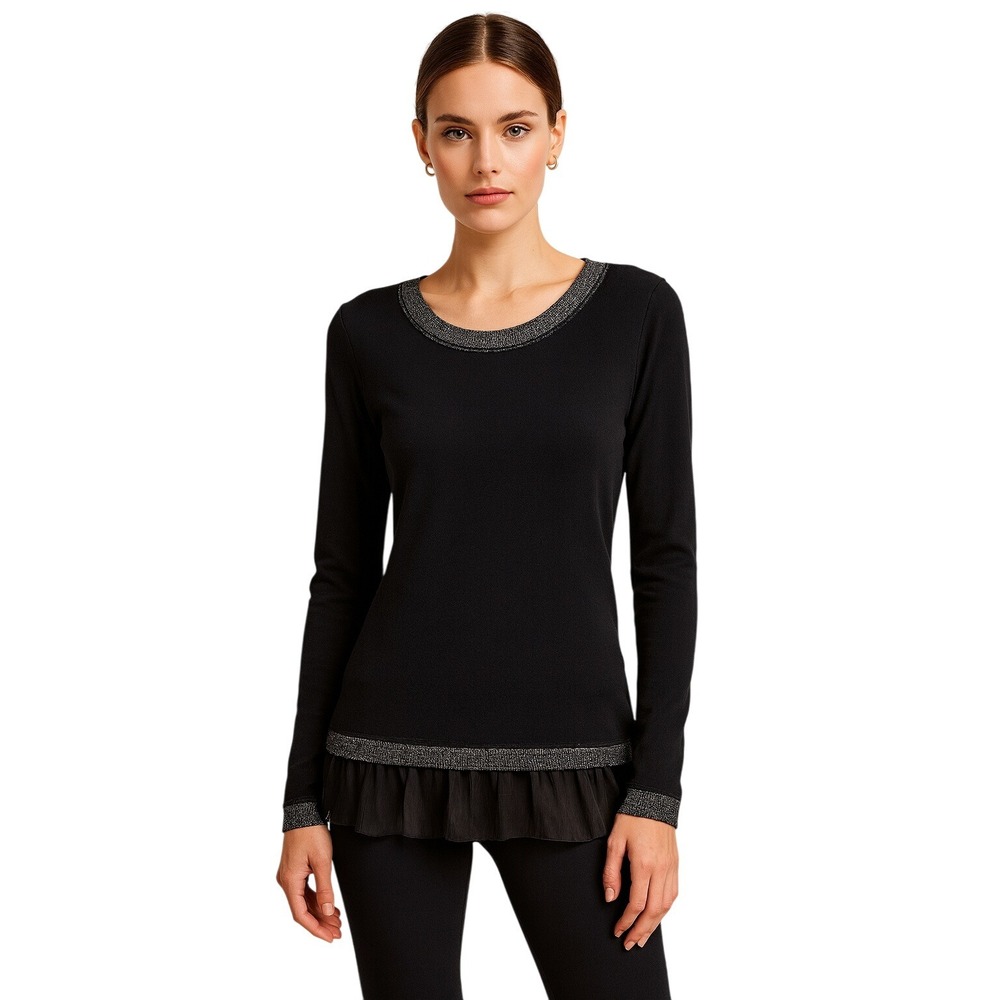Ravel Black Crew Neck Sweater with Sparkle Trim and Ruffled Hem NEW